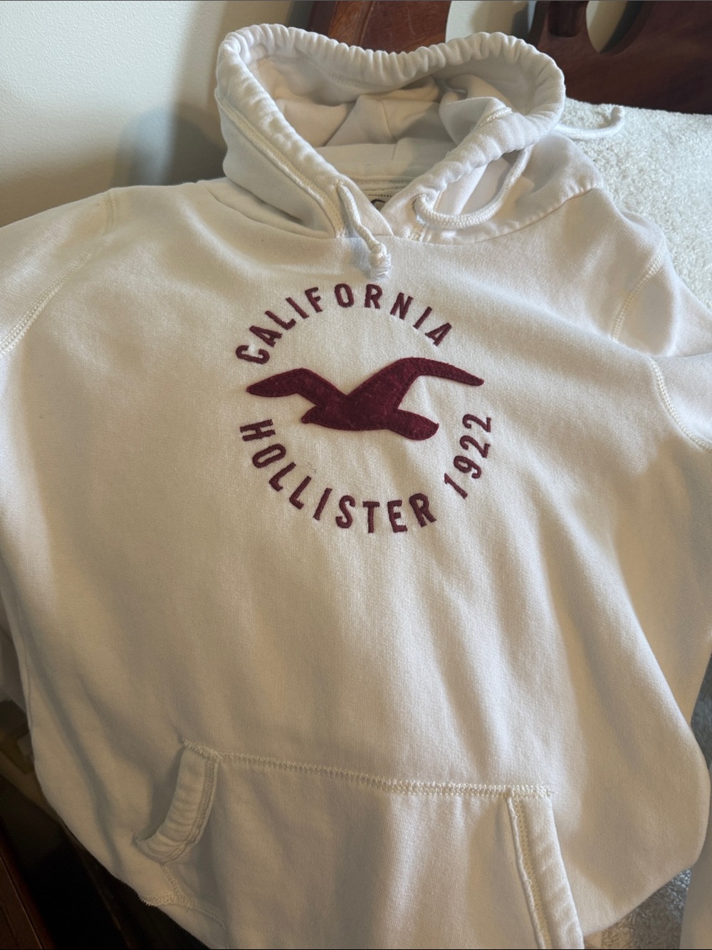 Hollister White Hoodie with Maroon Logo Patch